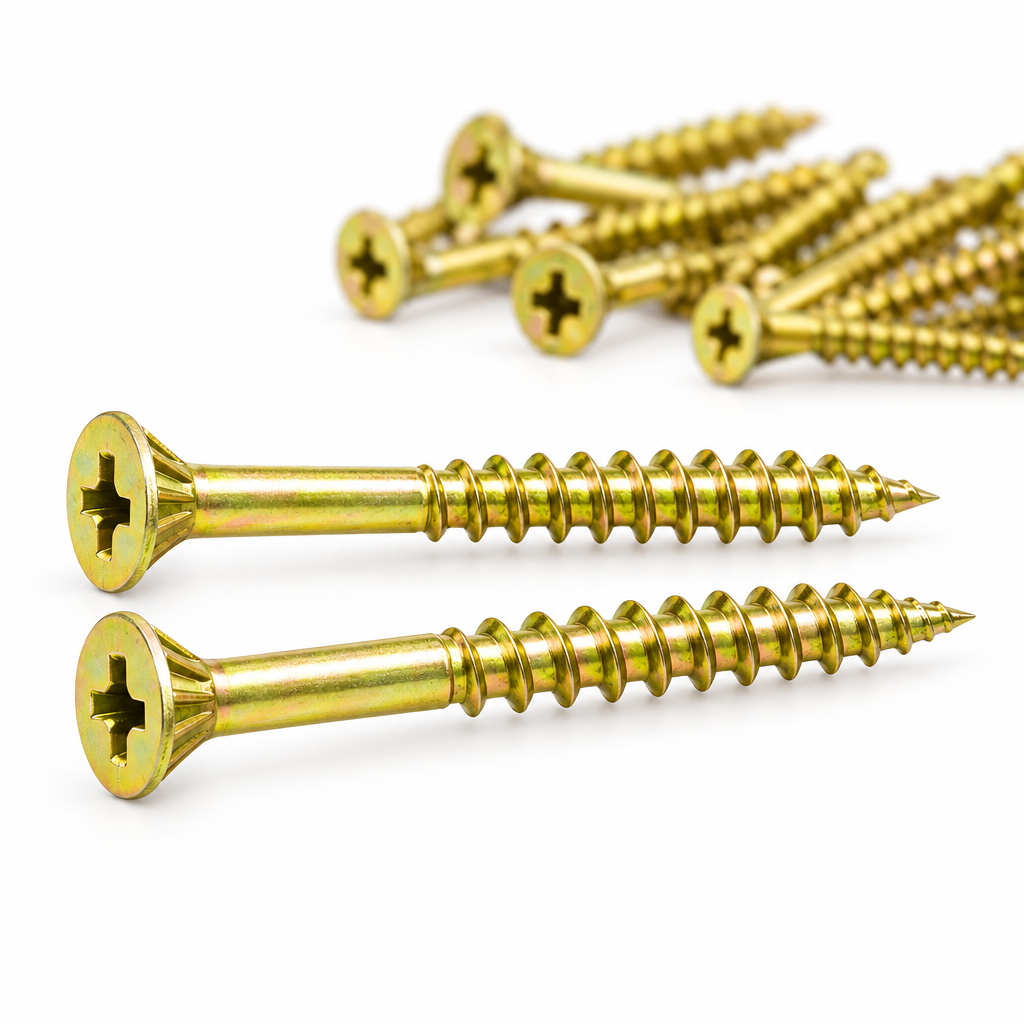 Close-up macro view of yellow zinc-plated countersunk wood screws highlighting the ribbed head, Phillips drive, smooth shank, and coarse wood thread on a pure white background