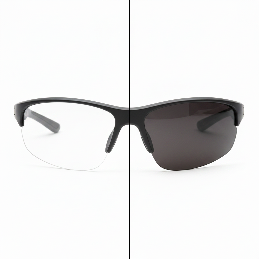 Macro detail of photochromic lens transitioning from clear to dark smoke tint