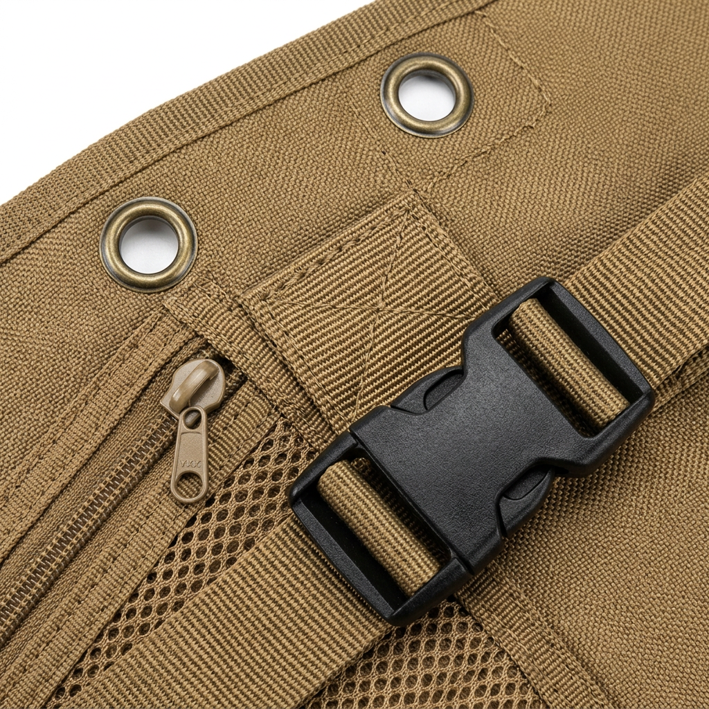 Detail close-up of camping gear organizer showing bartack stitching on webbing loops, zippered mesh pocket, and POM buckle on white background