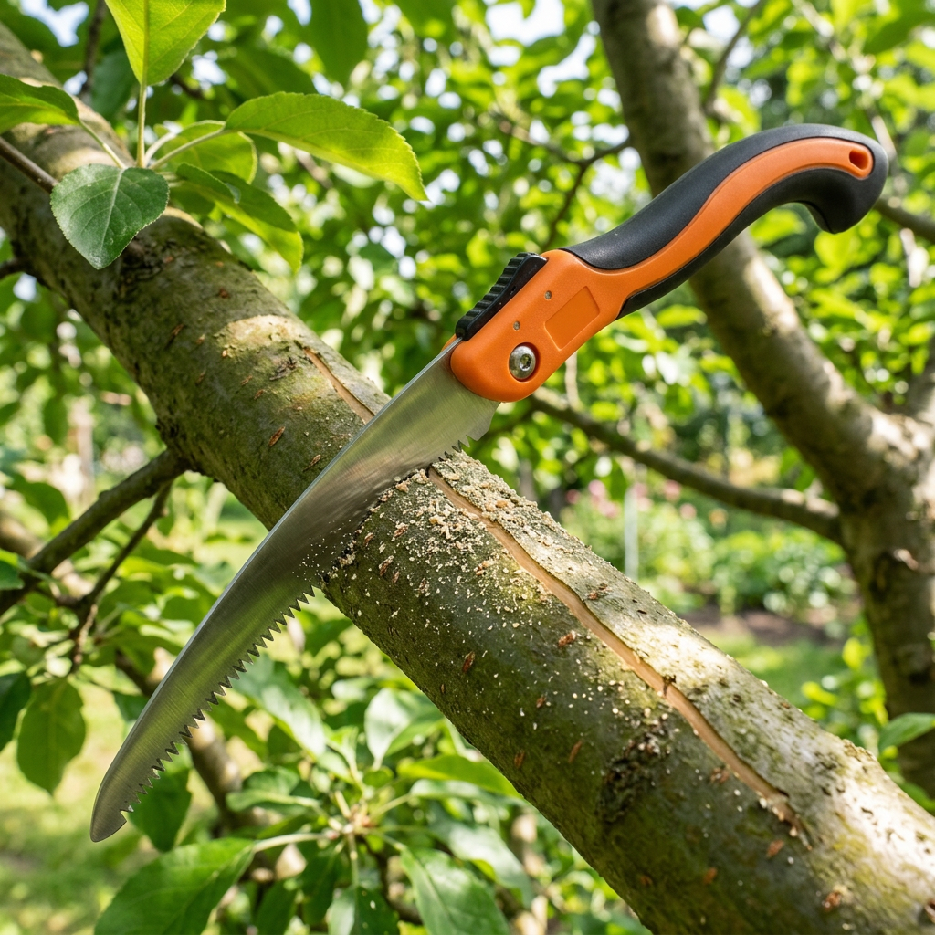Folding pruning saw actively cutting a realistic tree branch in an outdoor orchard with visible sawdust and clean kerf