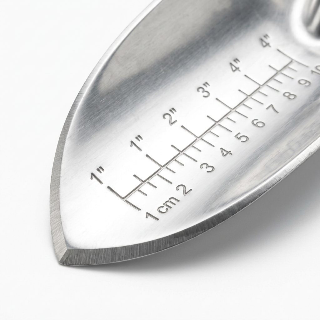 Macro close-up detail of garden hand trowel beveled blade cutting edge, scoop tip, and embossed depth scale markings on pure white background