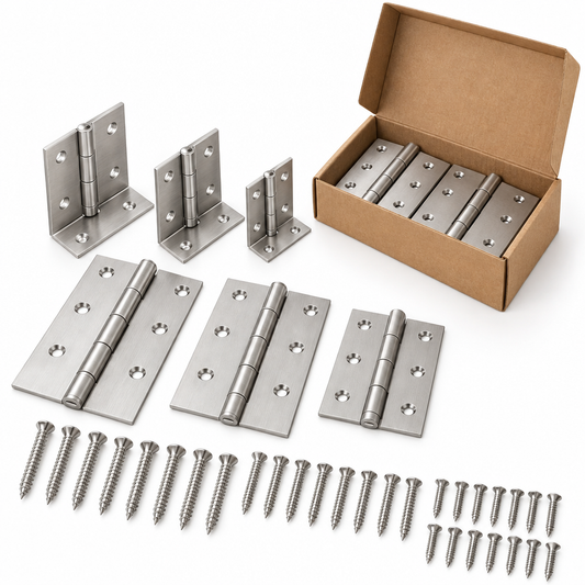 Assortment of brushed 304 stainless steel butt hinges in graduated sizes displayed flat and angled with mounting screws on a pure white background