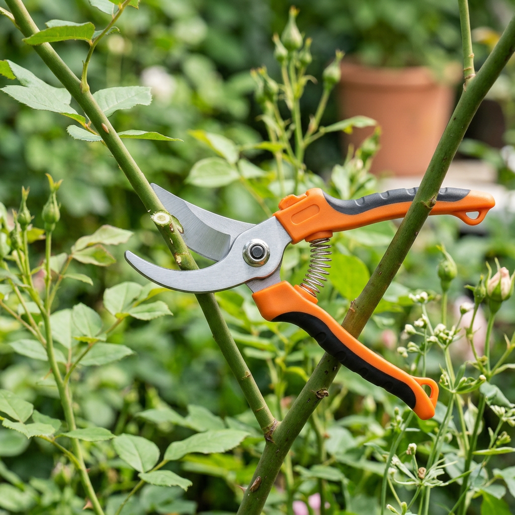 Garden pruning shears cleanly trimming a slender green rose branch on an ornamental bush in an outdoor garden