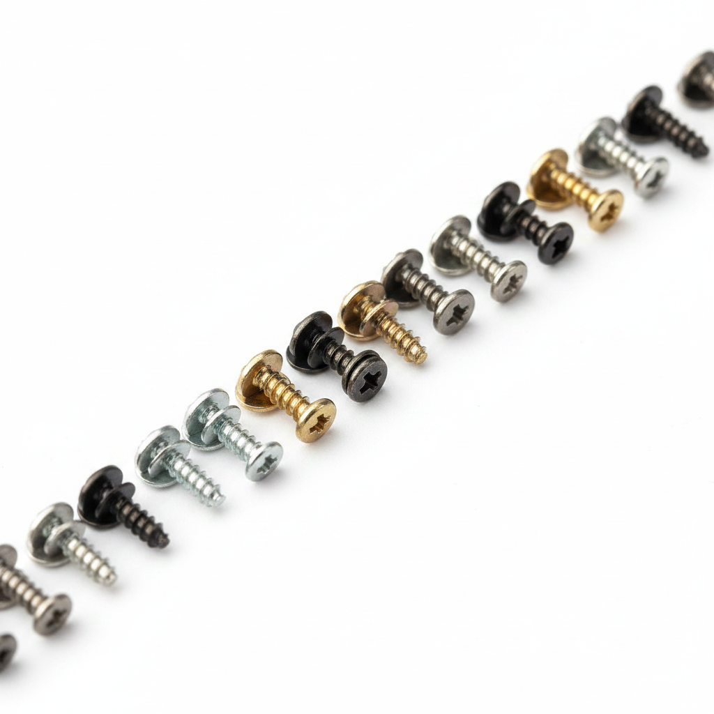 Macro detail of micro stainless steel eyeglass screws with threaded pitch and heads