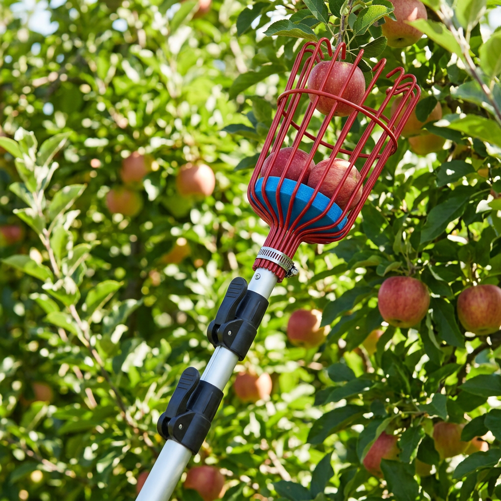 Fruit picker pole wire basket reaching into apple tree branches and harvesting ripe red apples onto the protective foam cushion