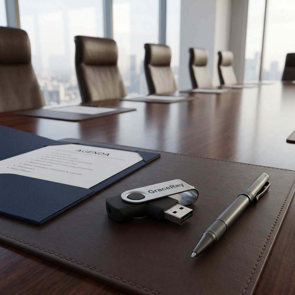 Custom swivel USB flash drive resting on a leather conference pad beside a presentation folder