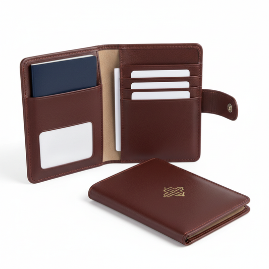 Dark cognac PU leather hotel passport holder with snap closure, passport sleeve, card slots, document pocket and blank travel documents on white background