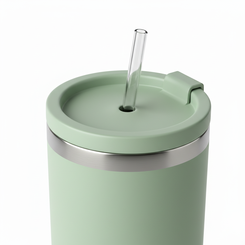 Close-up of straw lid, clear straw, and stainless steel rim on pure white background