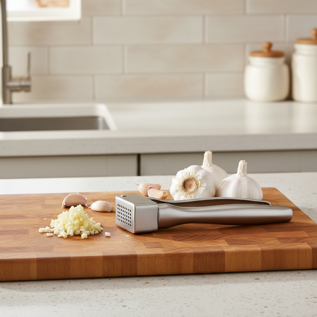 Stainless steel garlic press on wooden cutting board with fresh garlic cloves