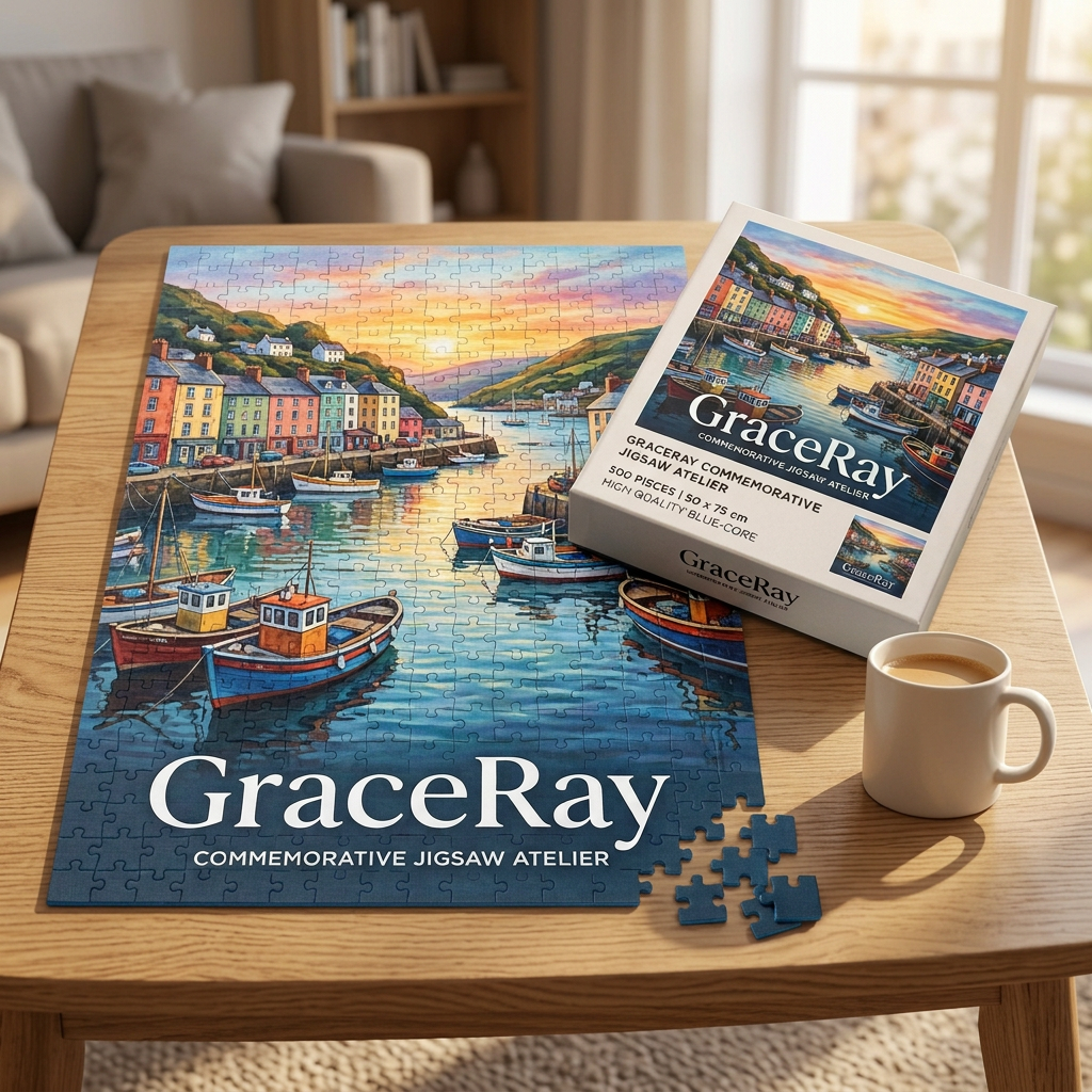 Completed custom photo puzzle and matching gift box on an oak coffee table in a modern living room