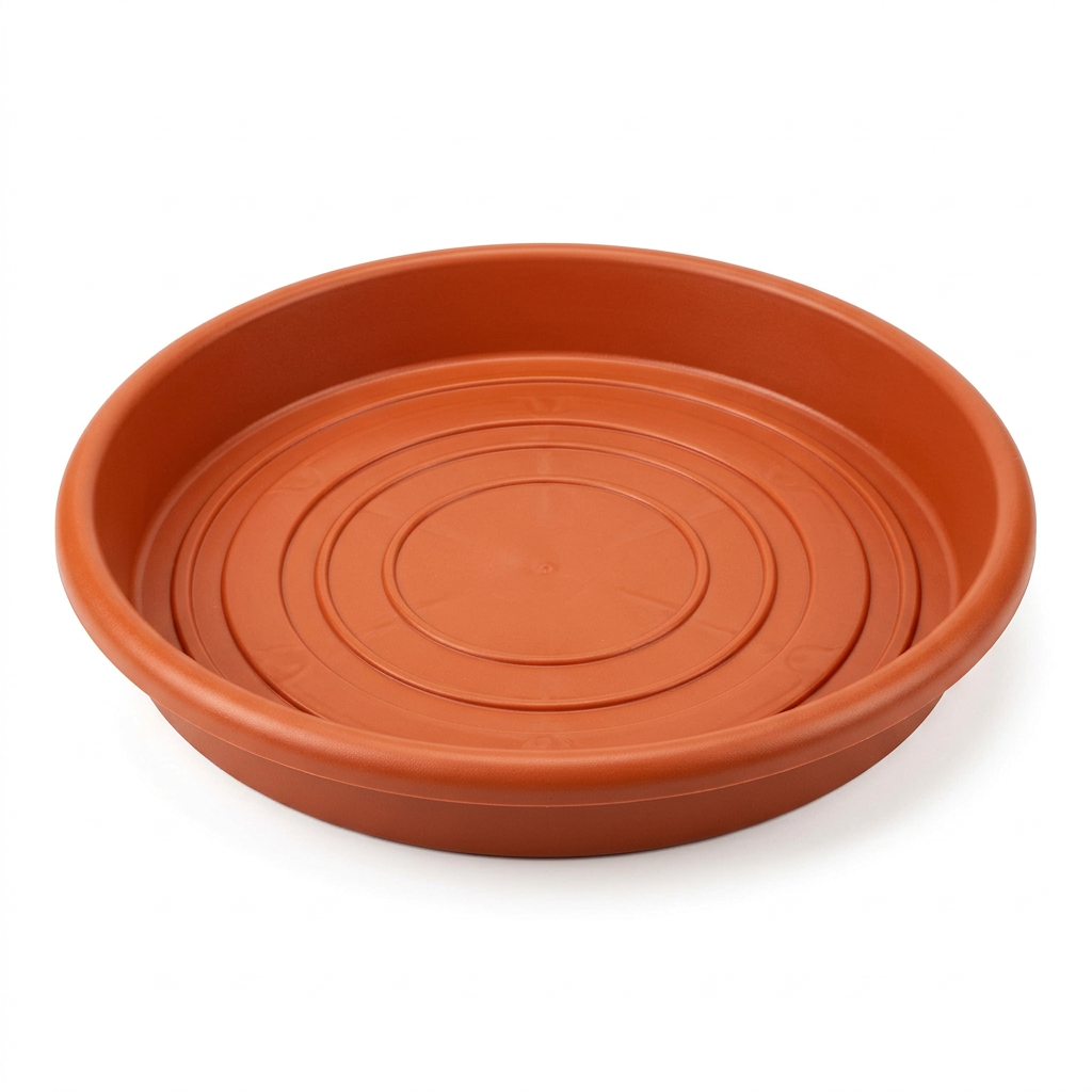 Heavy-duty circular terracotta plastic plant saucer with raised rim and concentric base ridges on pure white background