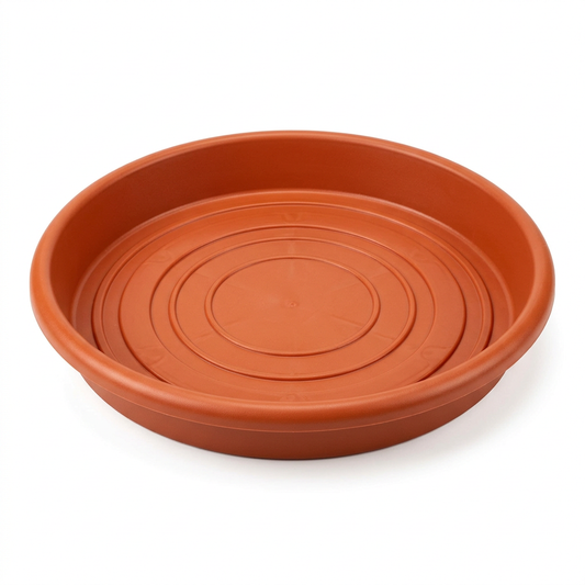 Heavy-duty circular terracotta plastic plant saucer with raised rim and concentric base ridges on pure white background