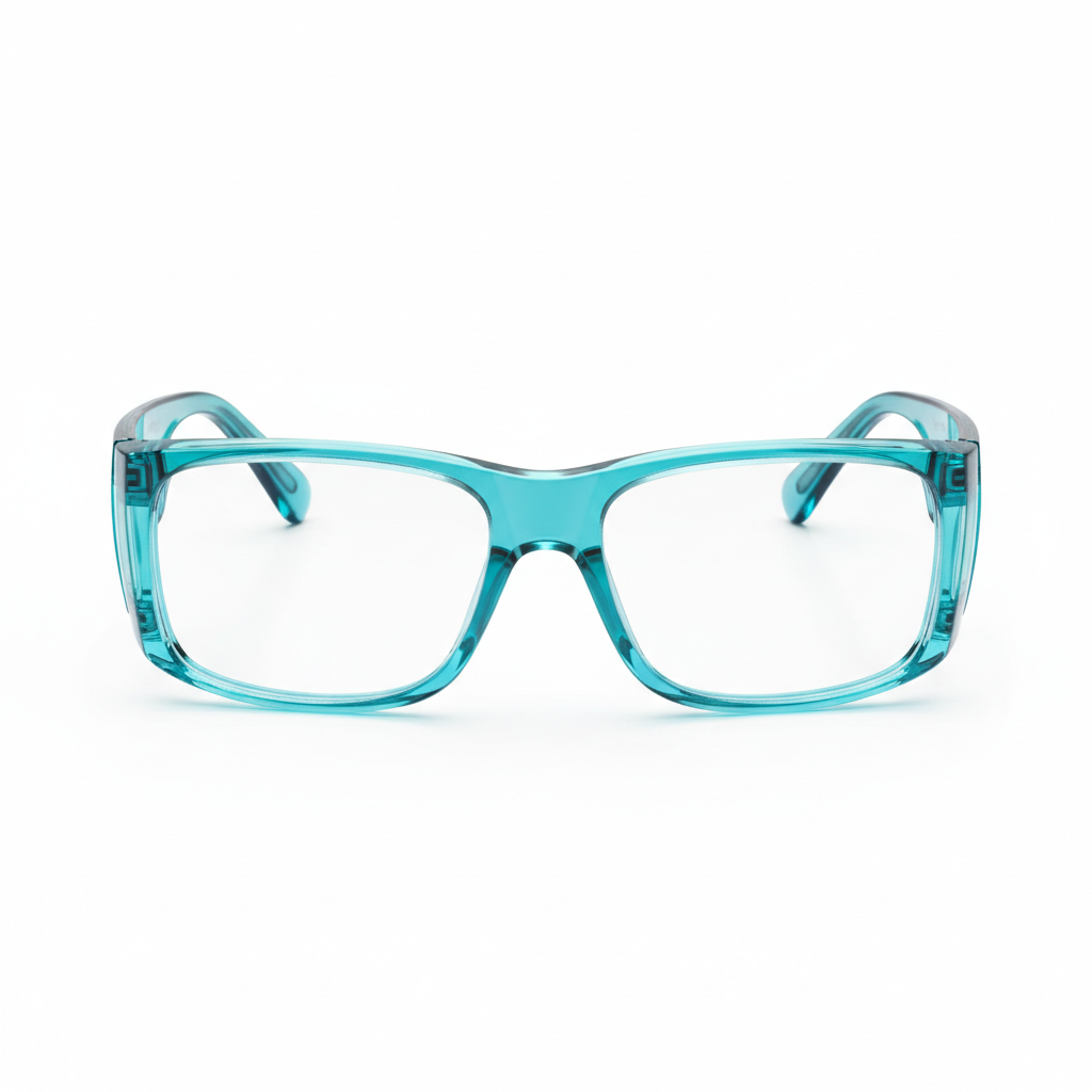 Fashion safety glasses with colorful translucent cyan-teal frame on white background