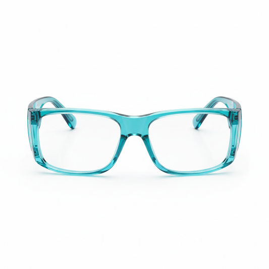 Fashion safety glasses with colorful translucent cyan-teal frame on white background