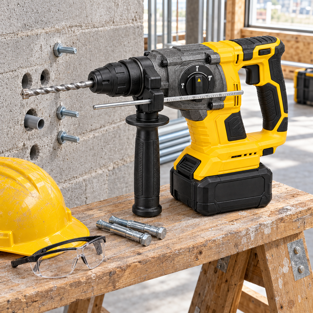 Rotary hammer drill with SDS-Plus carbide bit resting on a contractor sawhorse beside a concrete masonry wall, anchor bolts, and hard hat
