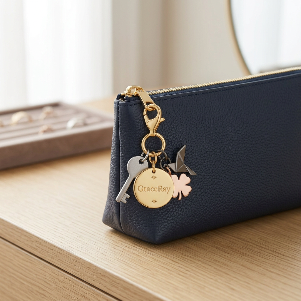 Miniature metal charm attached to the zipper pull of a leather pouch in a boutique setting