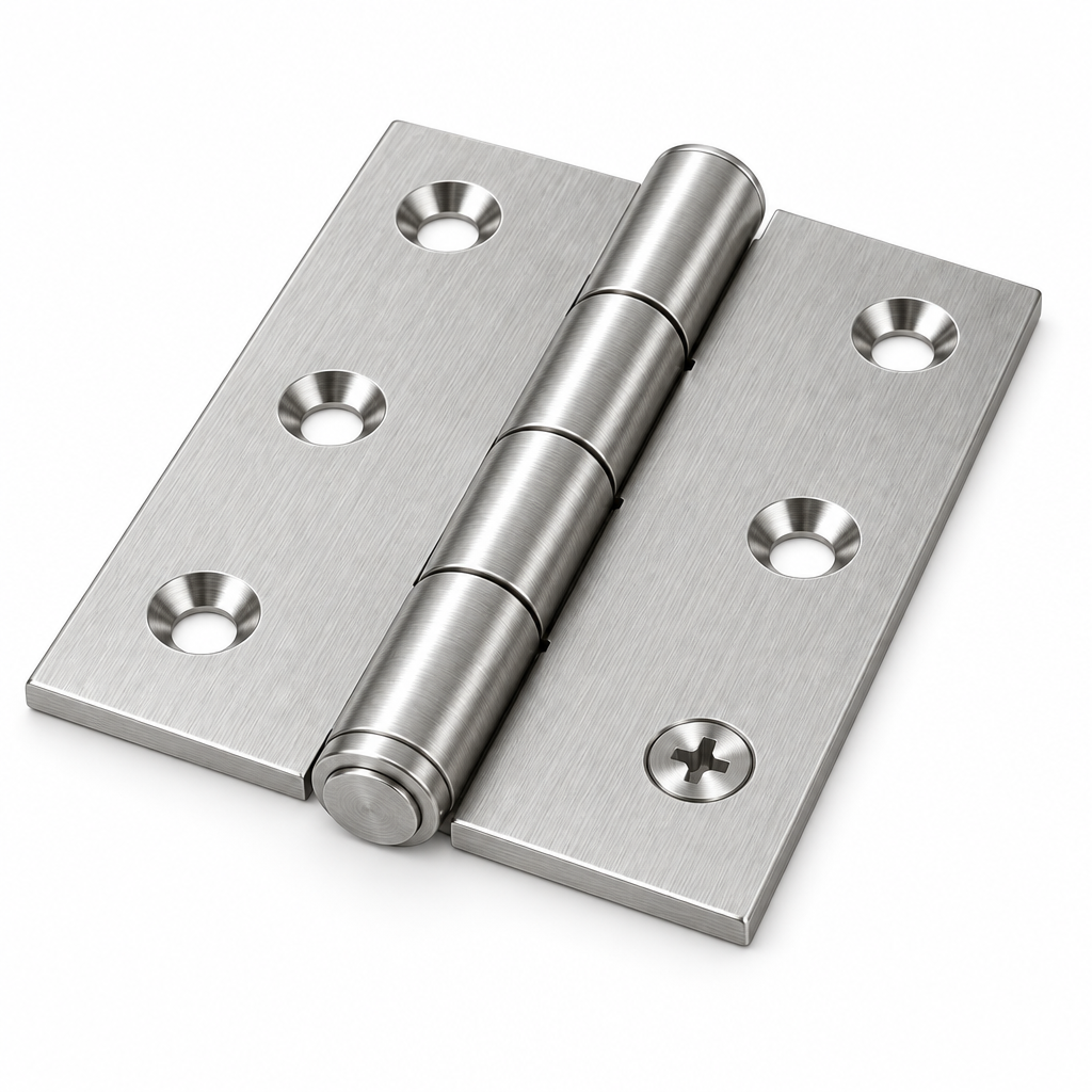 Close-up macro view of the central knuckle pin pivot, hairline brushed grain, and countersunk screw holes of a stainless steel butt hinge on a pure white background