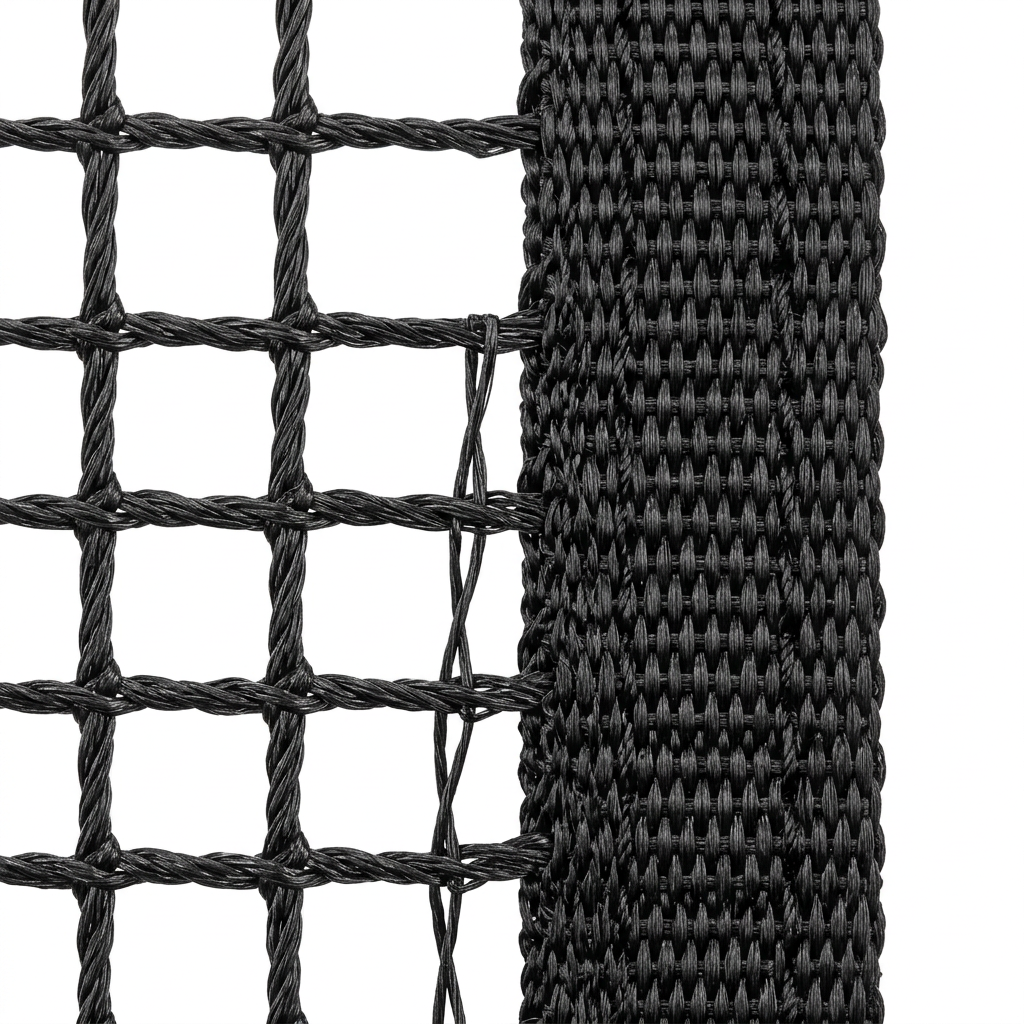 Macro close-up detail of outdoor protective netting showing high-tensile woven square mesh grid texture and reinforced stitched selvedge edge border on white background
