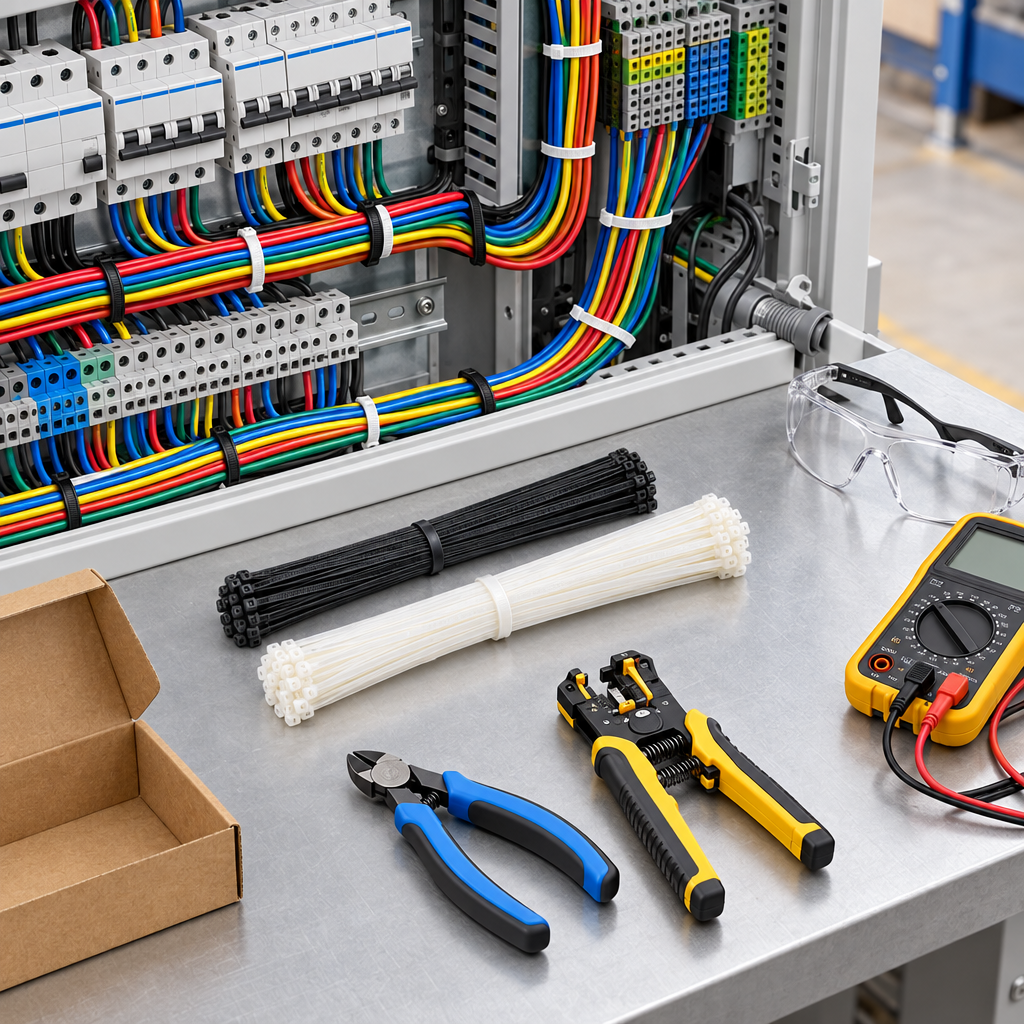 Black and white nylon cable ties bundling electrical wire harnesses in a control panel with wire strippers and multimeter nearby