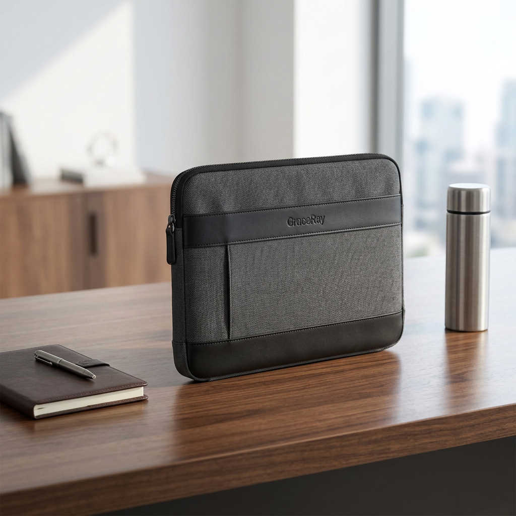 Custom executive laptop sleeve zipped securely on an office desk beside a tumbler
