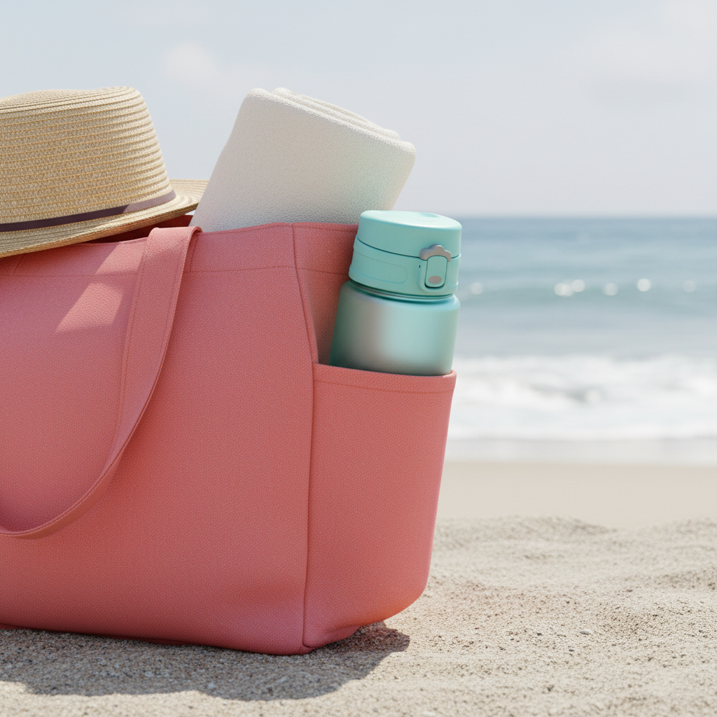 Aqua-blue reusable water bottle secured in the exterior pocket of a coral beach tote with a towel and straw hat beside the shoreline.