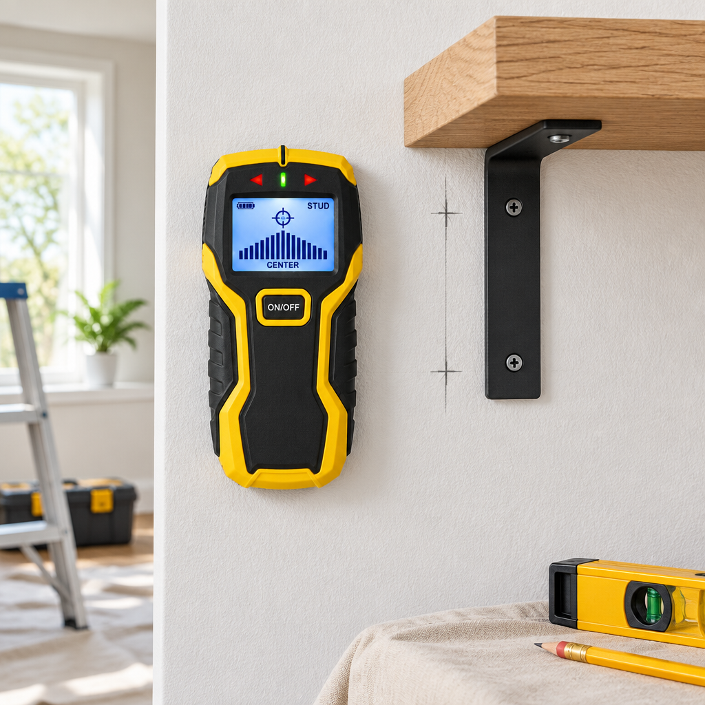 Electronic stud finder detecting stud center flat against drywall in home renovation and floating shelf installation