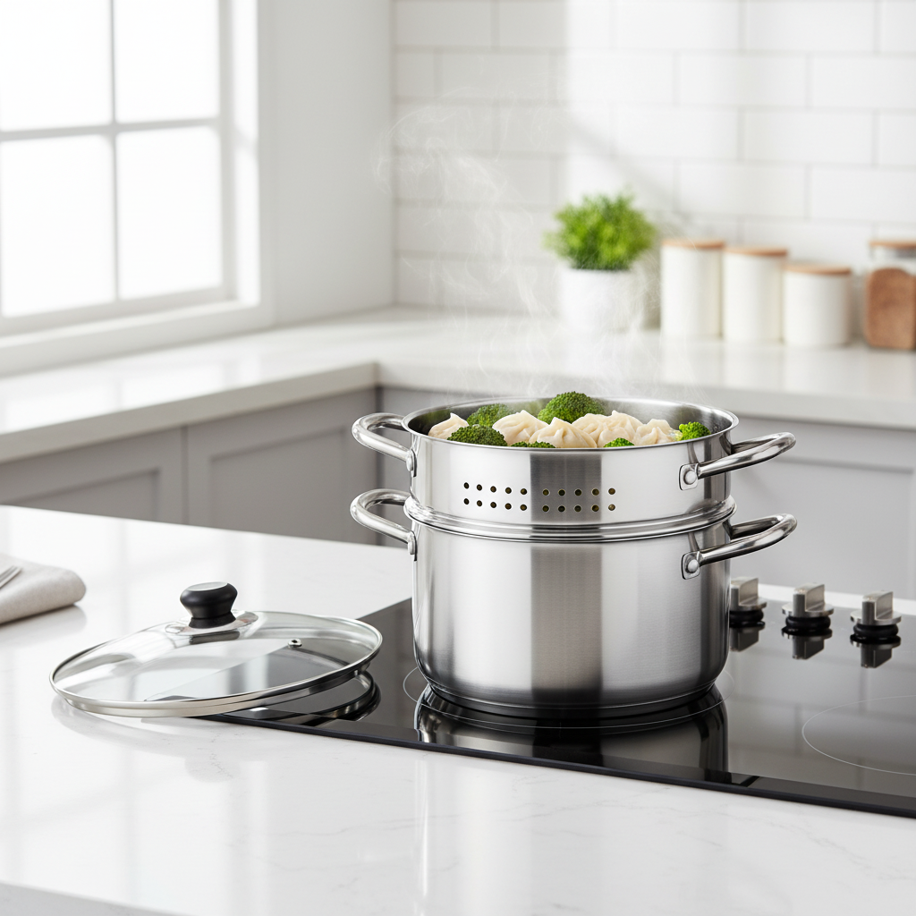 Stainless steel steamer pot set steaming dumplings and fresh broccoli on a modern kitchen cooktop with lid resting nearby.
