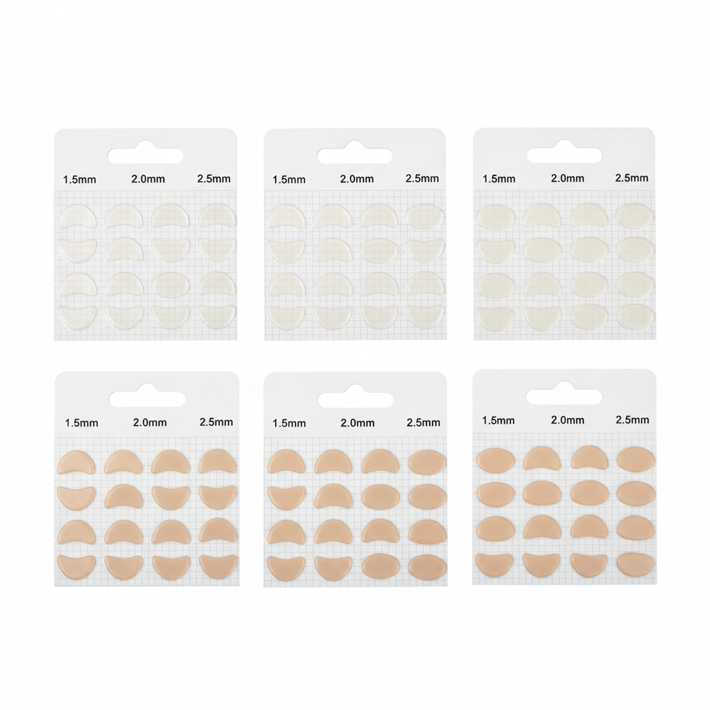 Assorted thickness and color options of self-adhesive nose pads on retail backing cards