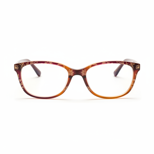 Women's decorative reading glasses with botanical floral pattern on translucent burgundy frame front view on white background