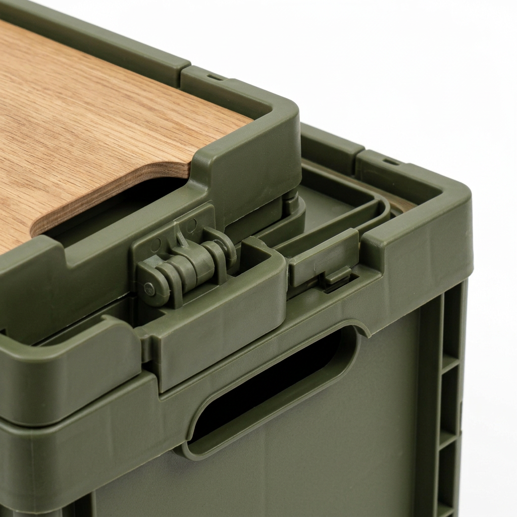 Detail close-up of collapsible outdoor storage box showing folding corner hinges, snap latch mechanism, and recessed carry handle on white background