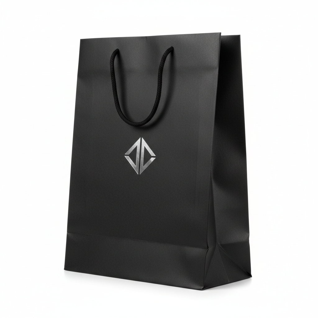 Eyewear retail paper shopping bag with custom logo in matte black on white background