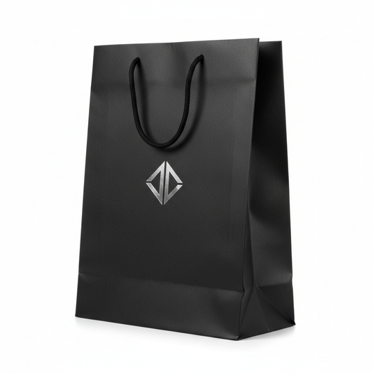 Eyewear retail paper shopping bag with custom logo in matte black on white background