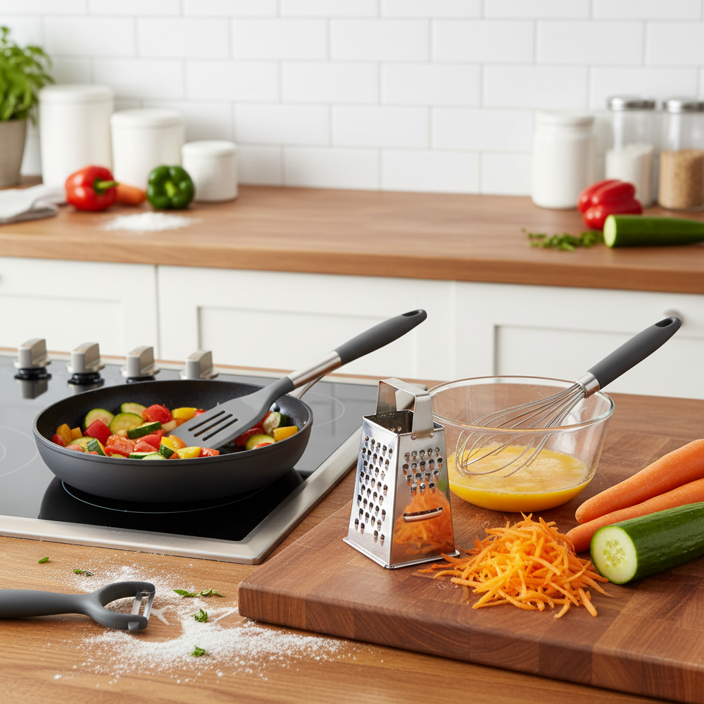 Kitchen utensils in active cooking use showing pan frying, egg whisking, and grating