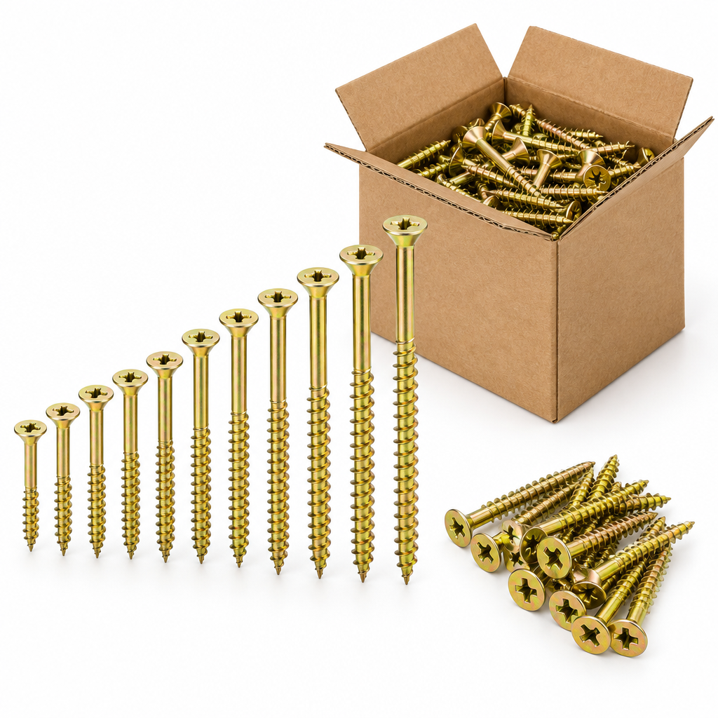 Assortment of yellow zinc-plated carbon steel countersunk wood screws in graduated lengths with kraft packaging box on a pure white background