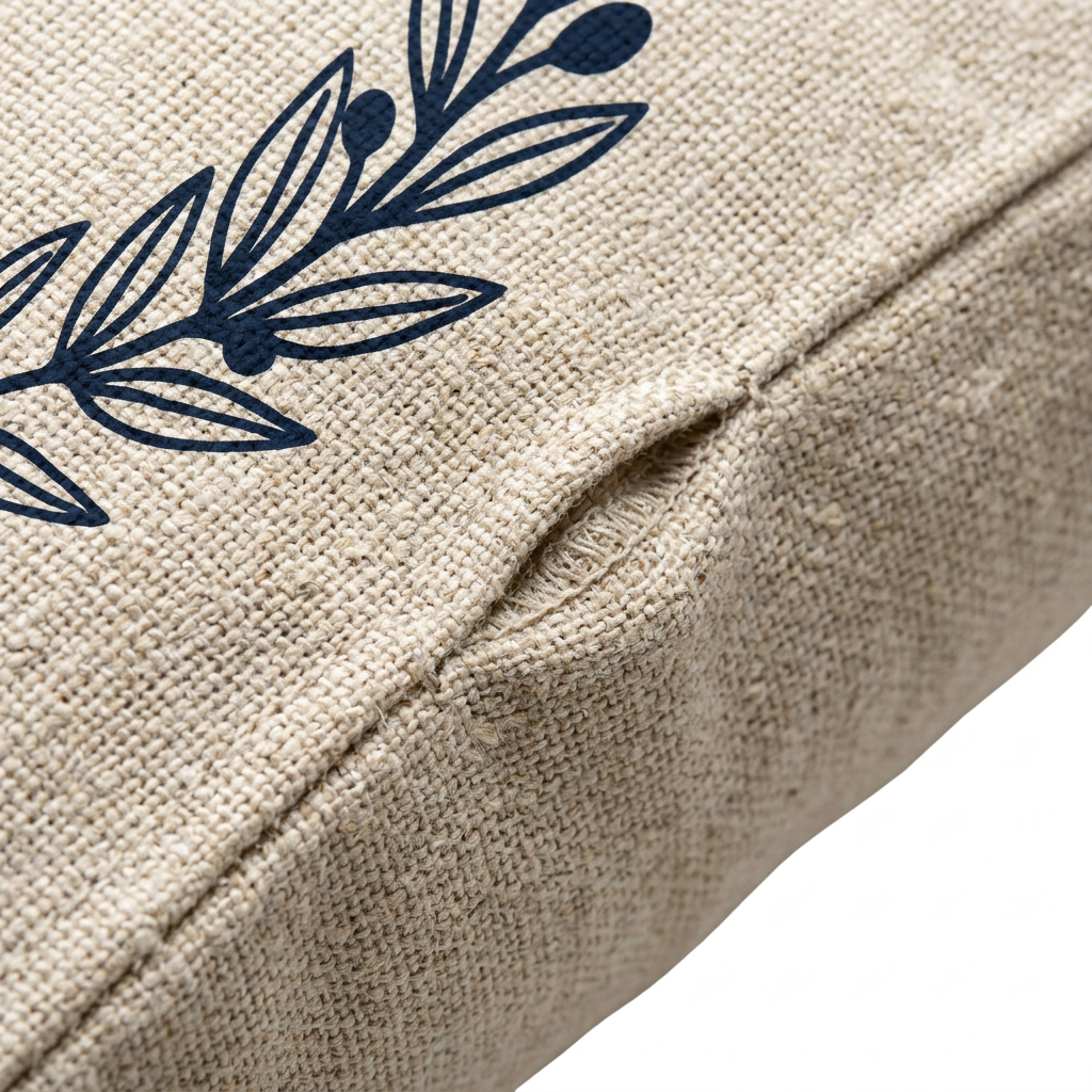 Detail close-up of custom fabric cushion showing oatmeal cotton-linen weave, pigment print, and knife-edge seam on white background