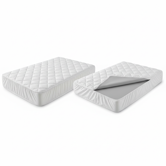 White quilted hotel mattress protector fitted over mattress showing elastic skirt at corner and TPU waterproof backing detail on white background, commercial hospitality mattress protection