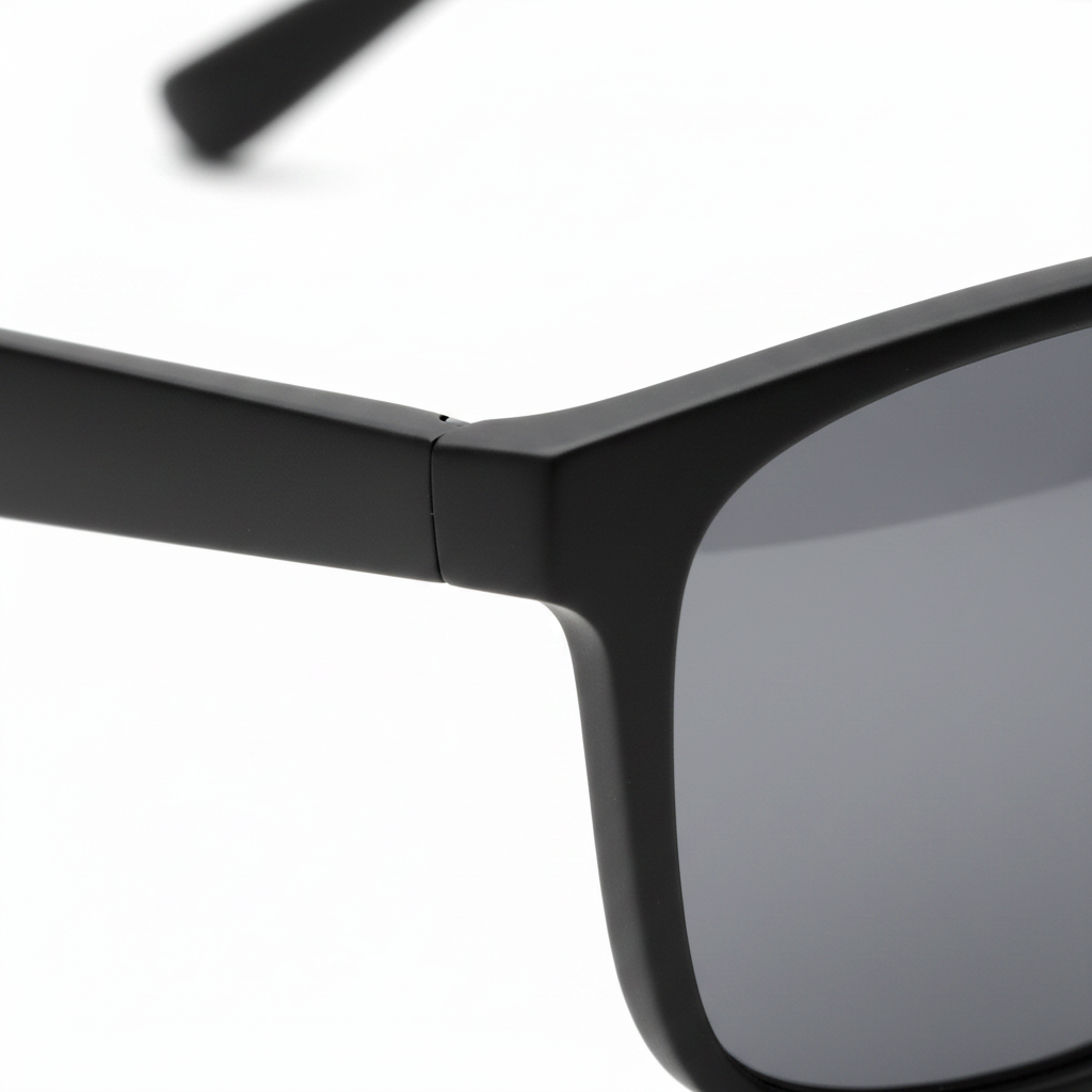 Macro detail of tinted UV400 reading lens bevel and matte black frame