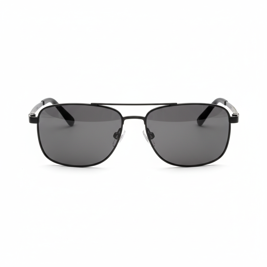 Anti-glare driving glasses with polarized grey lenses in black metal frame on white background