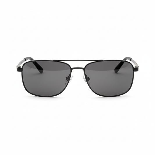 Anti-glare driving glasses with polarized grey lenses in black metal frame on white background