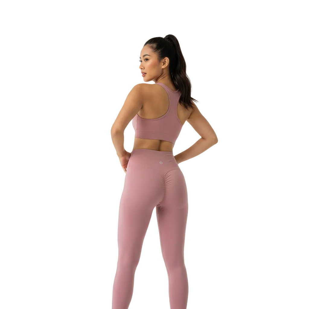 Malaysian model wearing dusty rose scrunch butt yoga leggings back view