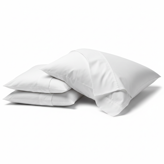 White hotel pillowcases stacked and one fitted over plump hotel pillow showing envelope closure detail on white background, commercial hospitality bed linen