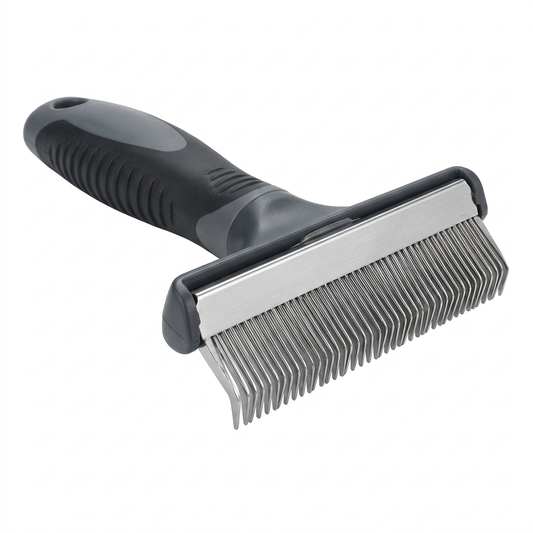 Pet deshedding tool showing stainless steel comb-like head and ergonomic rubber grip handle on pure white background