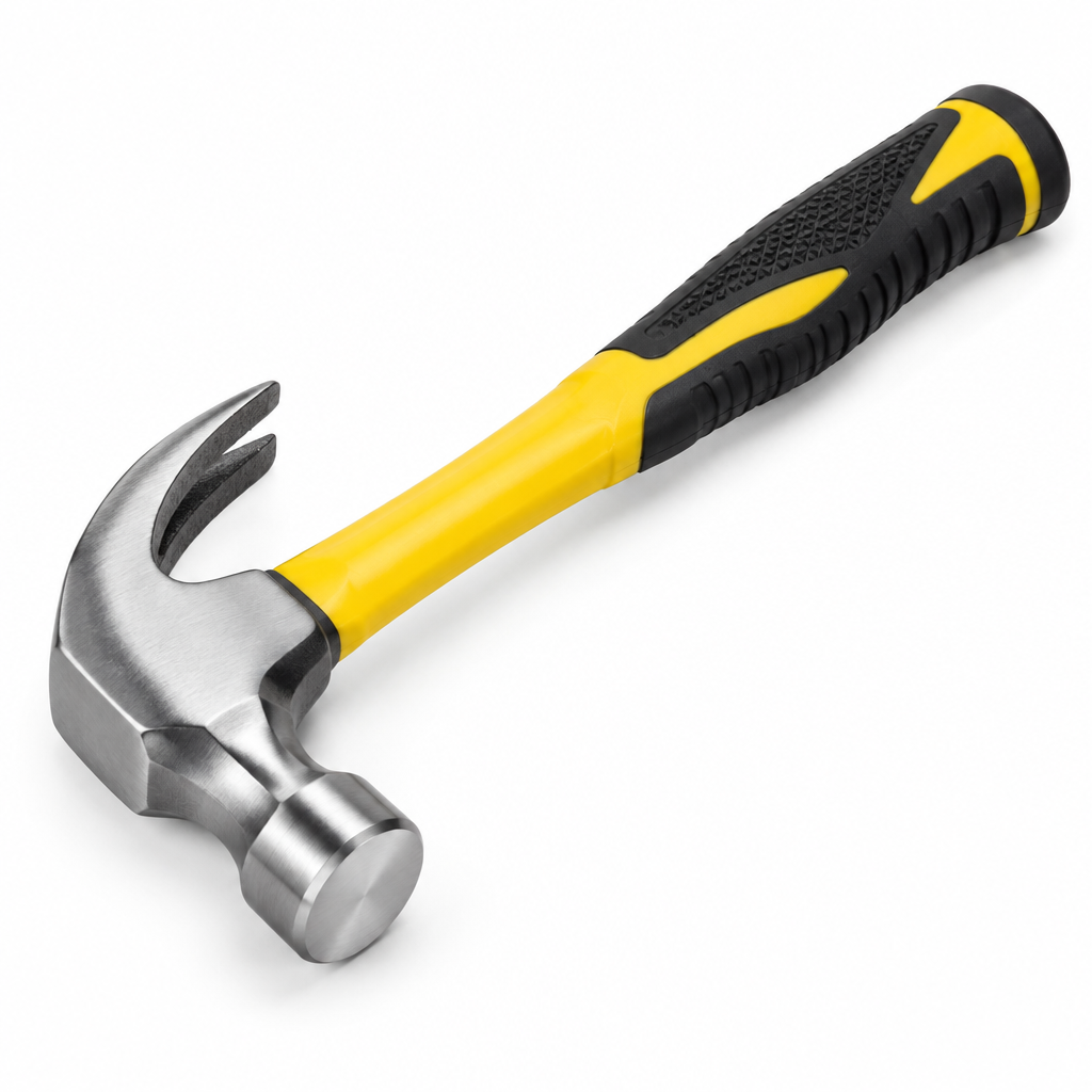 16-oz drop-forged high-carbon steel claw hammer with polished striking face, curved nail-pulling claw, and yellow-black non-slip fiberglass handle on a seamless pure white background