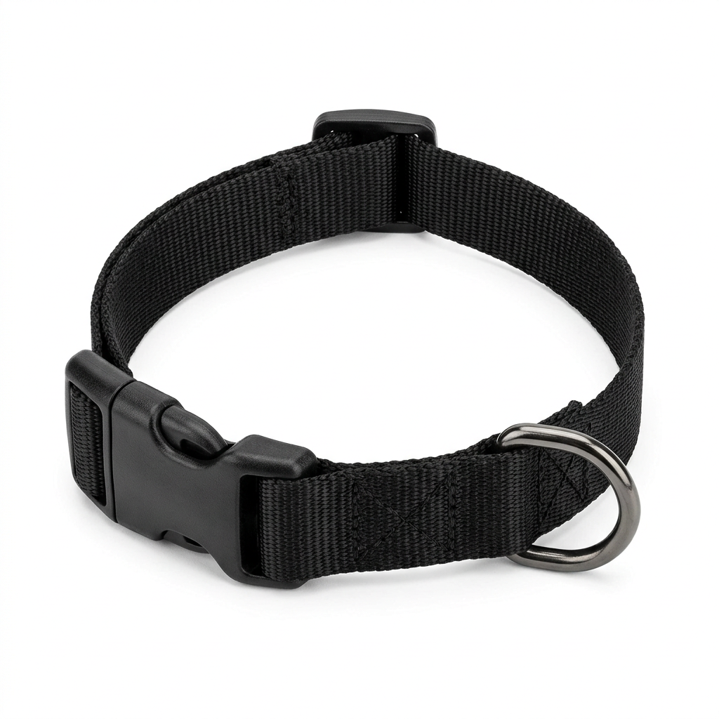 Adjustable black nylon dog collar laid out in a curved loop showing quick-release buckle, tri-glide slider, and metal D-ring on pure white background