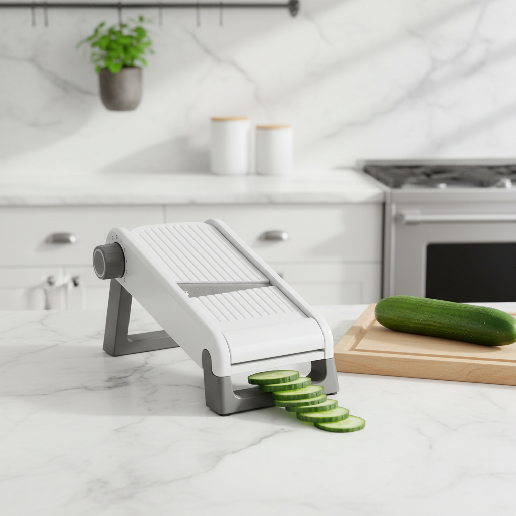 Adjustable vegetable slicer on marble countertop with a neat row of paper-thin cucumber slices