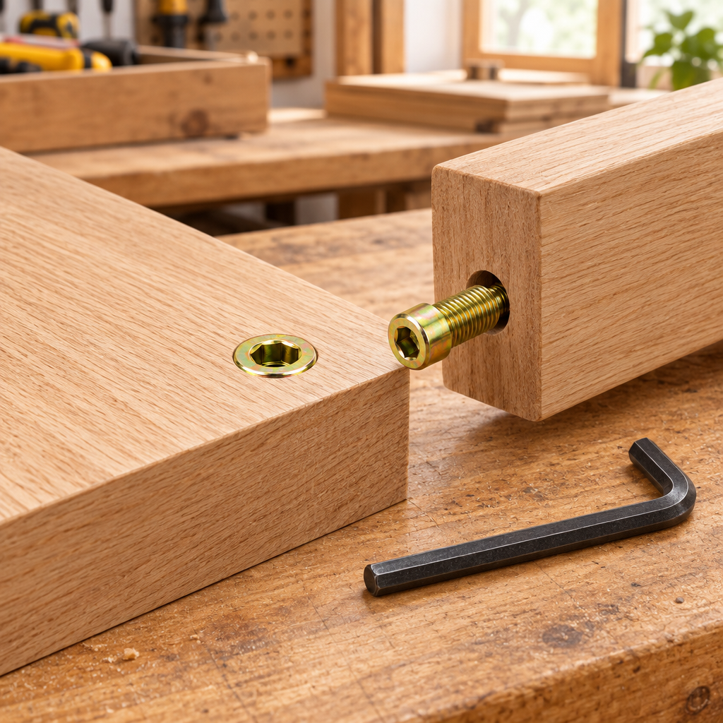 Threaded insert installed flush into a hardwood furniture panel ready for bolt assembly in a furniture workshop