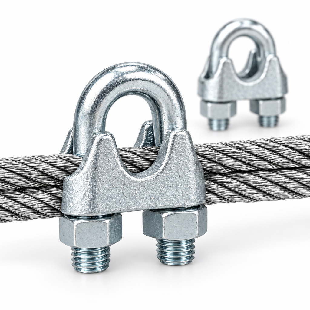 Close-up macro view of the grooved cast steel bridge saddle, threaded U-bolt, and torqued hex nuts clamping braided wire rope on a pure white background