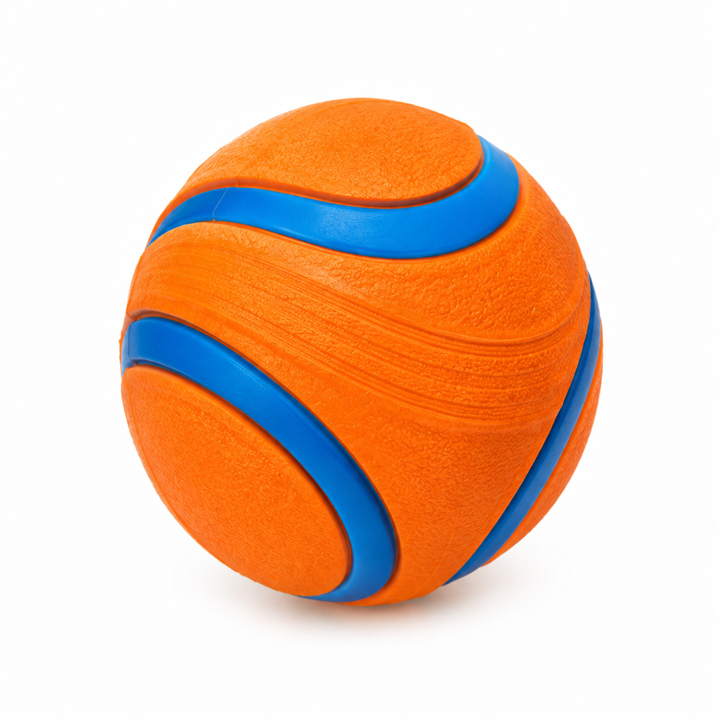 High-bounce orange and blue rubber fetch ball for dogs on pure white background