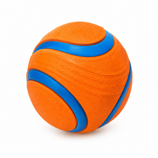 High-bounce orange and blue rubber fetch ball for dogs on pure white background