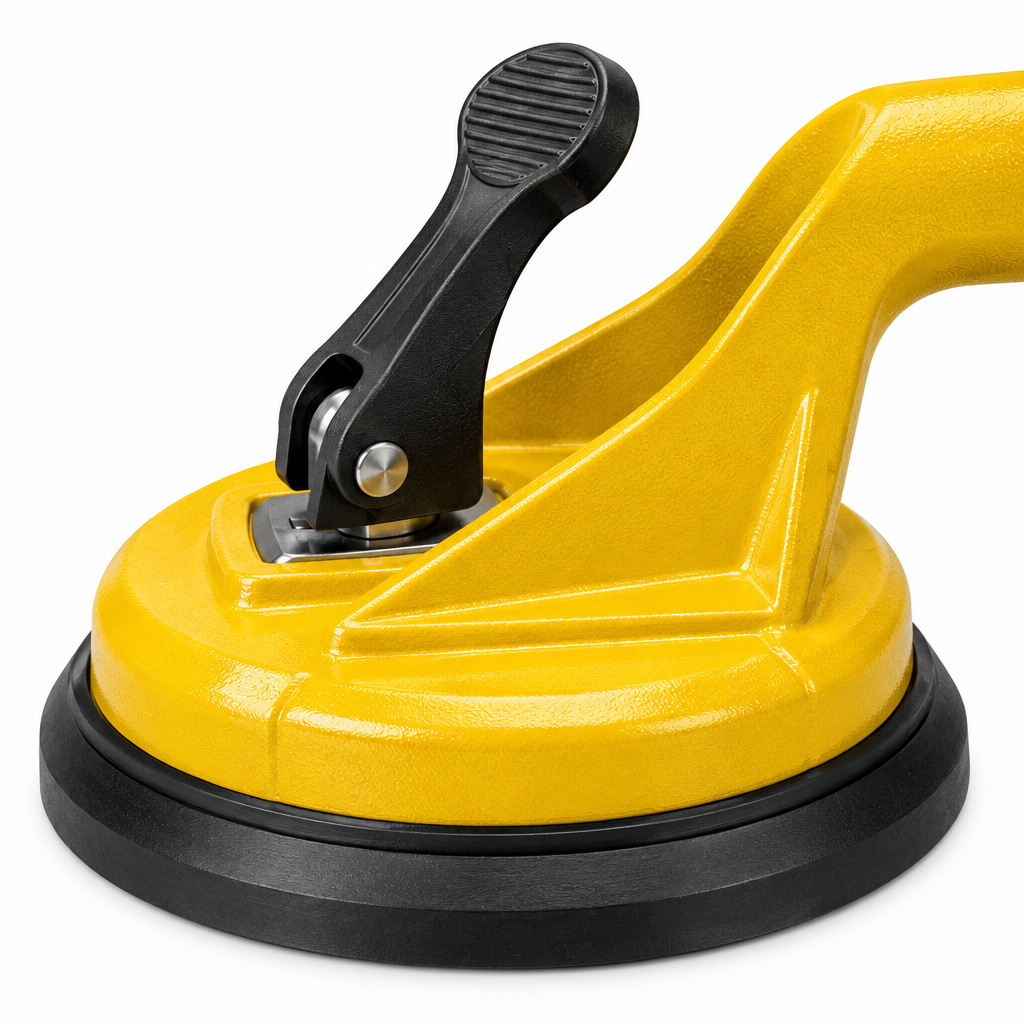 Macro close-up of vacuum suction cup pad showing rubber seal, locking lever mechanism, and yellow handle